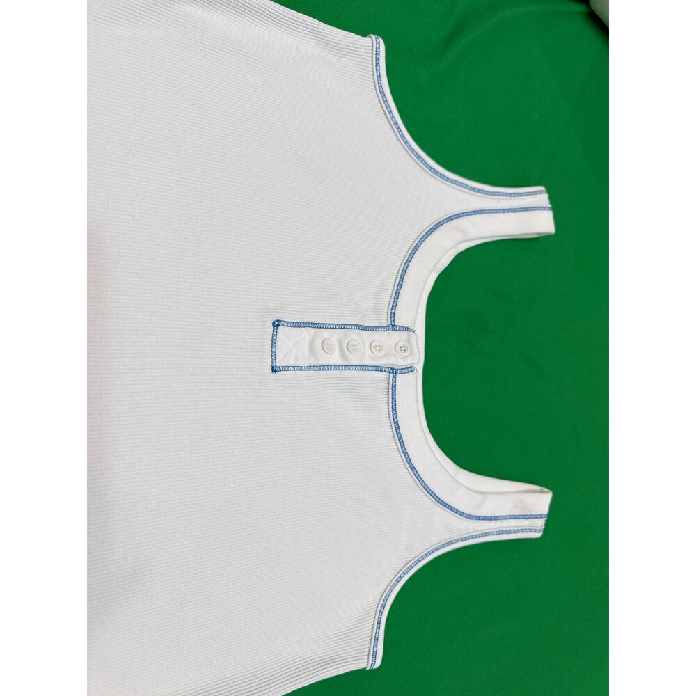 Jones New York women’s white ribbed cotton blue stitching Henley tank top L - Picture 2 of 11